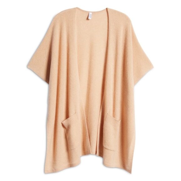 NEW Nordstrom 100% Cashmere Ruana Beige Tan Open Front Cardigan Pockets Minimal - Picture 2 of 13